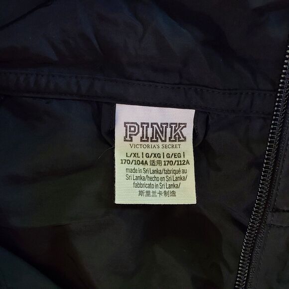 Victorias Secret PINK Windbreaker Jacket Womens Size L Black Logo Packable Hood - Picture 10 of 15